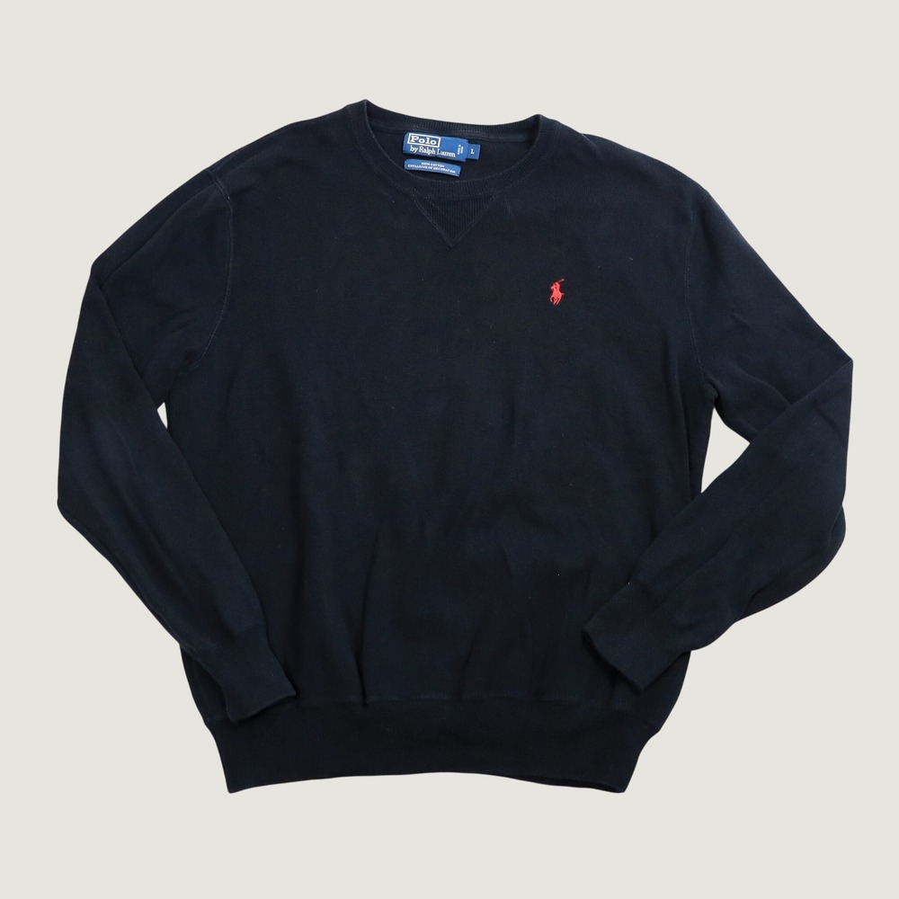 Polo Ralph Lauren Sweater Men L Black Cotton Crewneck V-Stitch Red Pony Pullover
